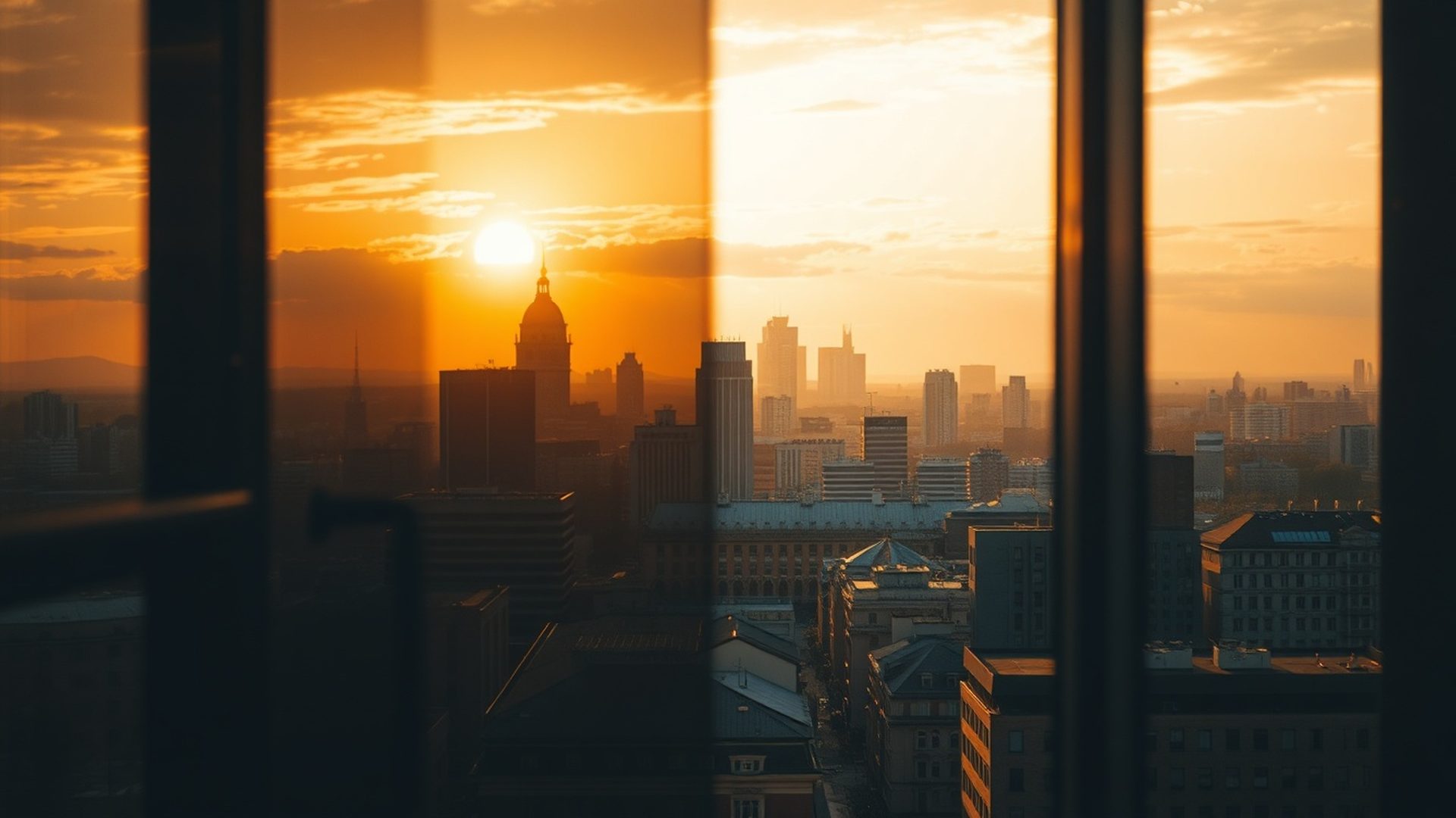 Panoramă urbană văzută prin ferestrele unui birou de consultanță în Oradea, la ora aurie