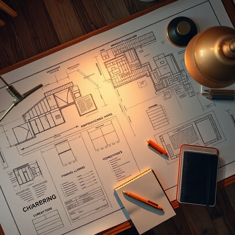 Planșă de planificare financiară cu documente, pix auriu și lumină caldă de birou