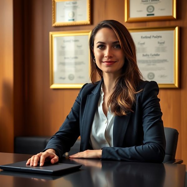 Portret al unei analiste financiare într-un birou cu diplome înrămate în auriu